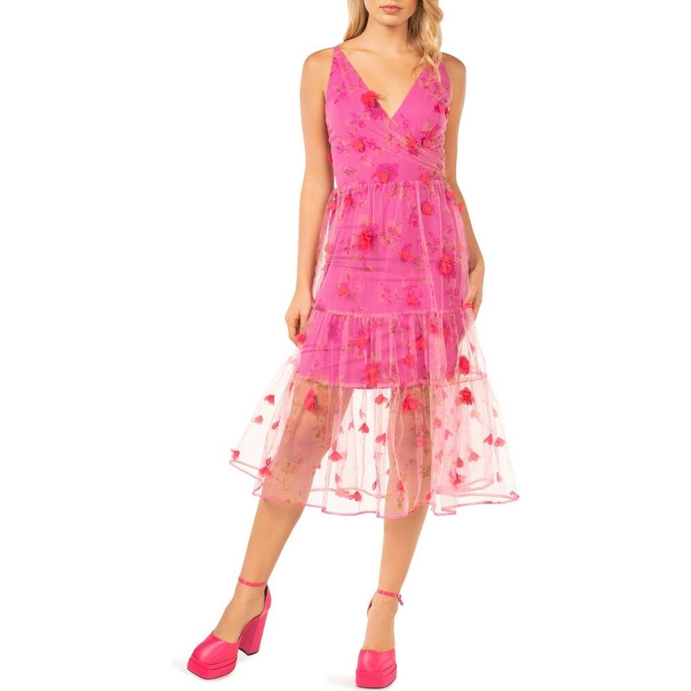 Pink Floral V-Neck Midi Dress